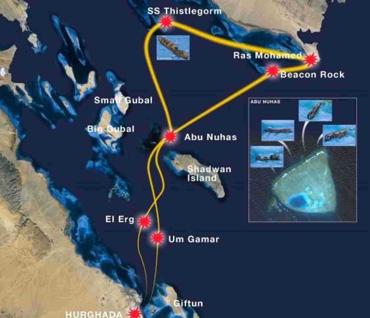North Red Sea liveaboard route map, Hurghada to Ras Mohammed