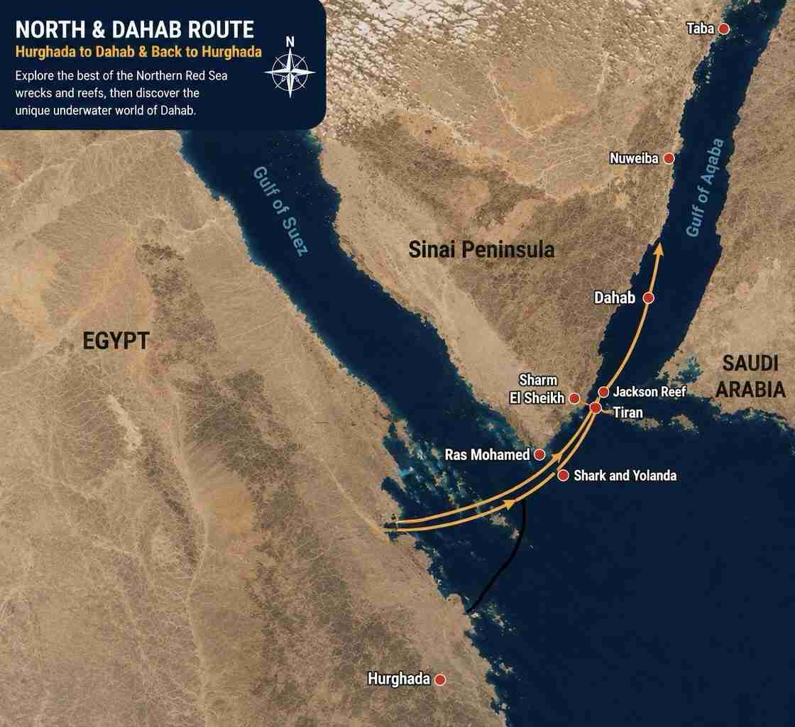 North & Dahab liveaboard route map, Hurghada to Dahab and back