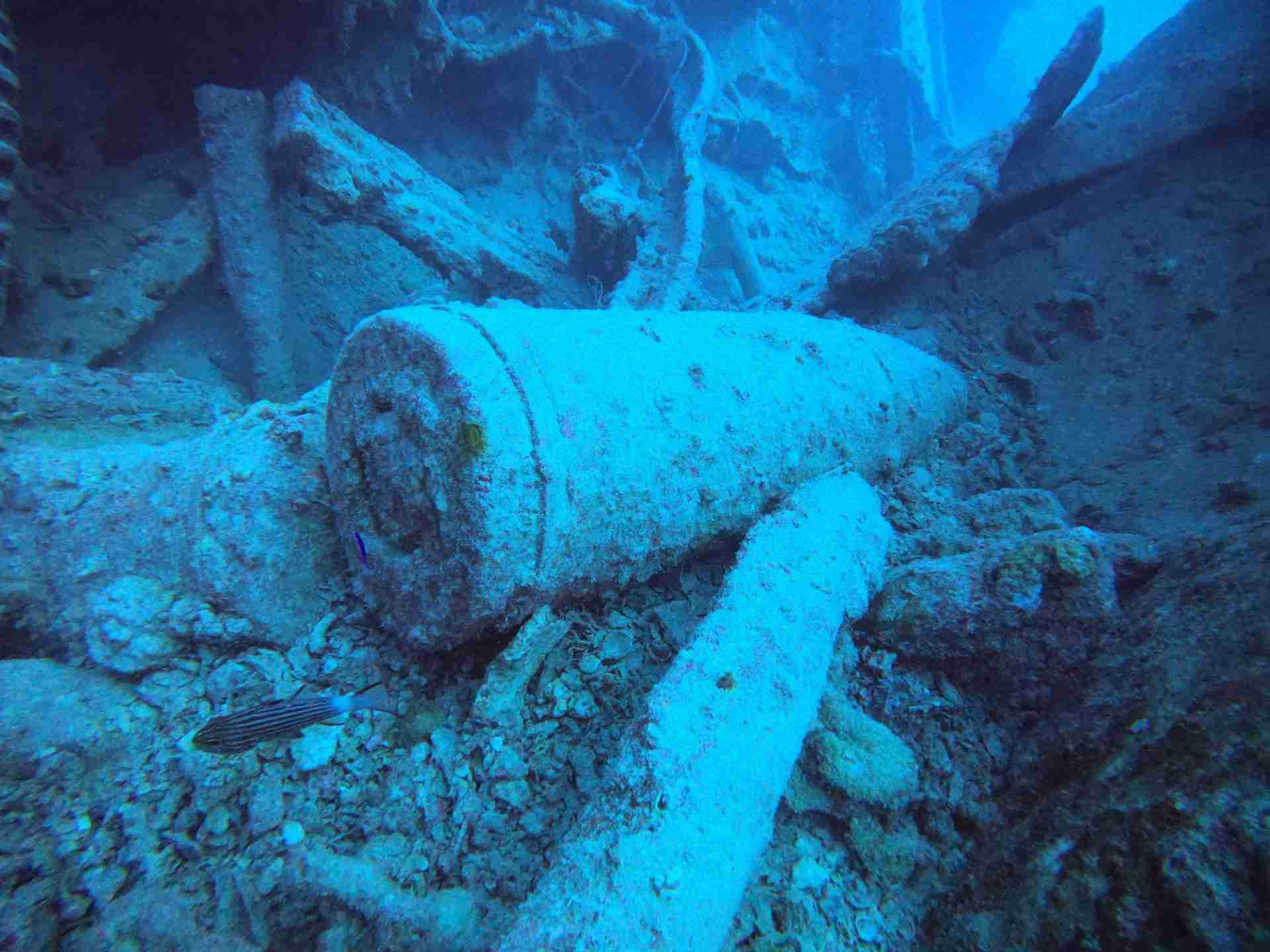 Shells still stacked in the hold of a wartime wreck