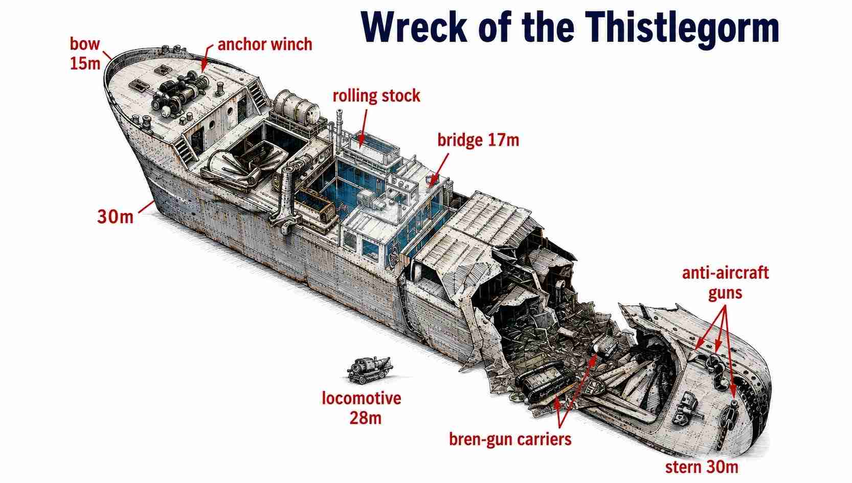 Thistlegorm wreck cutaway drawing with depths from bow to stern
