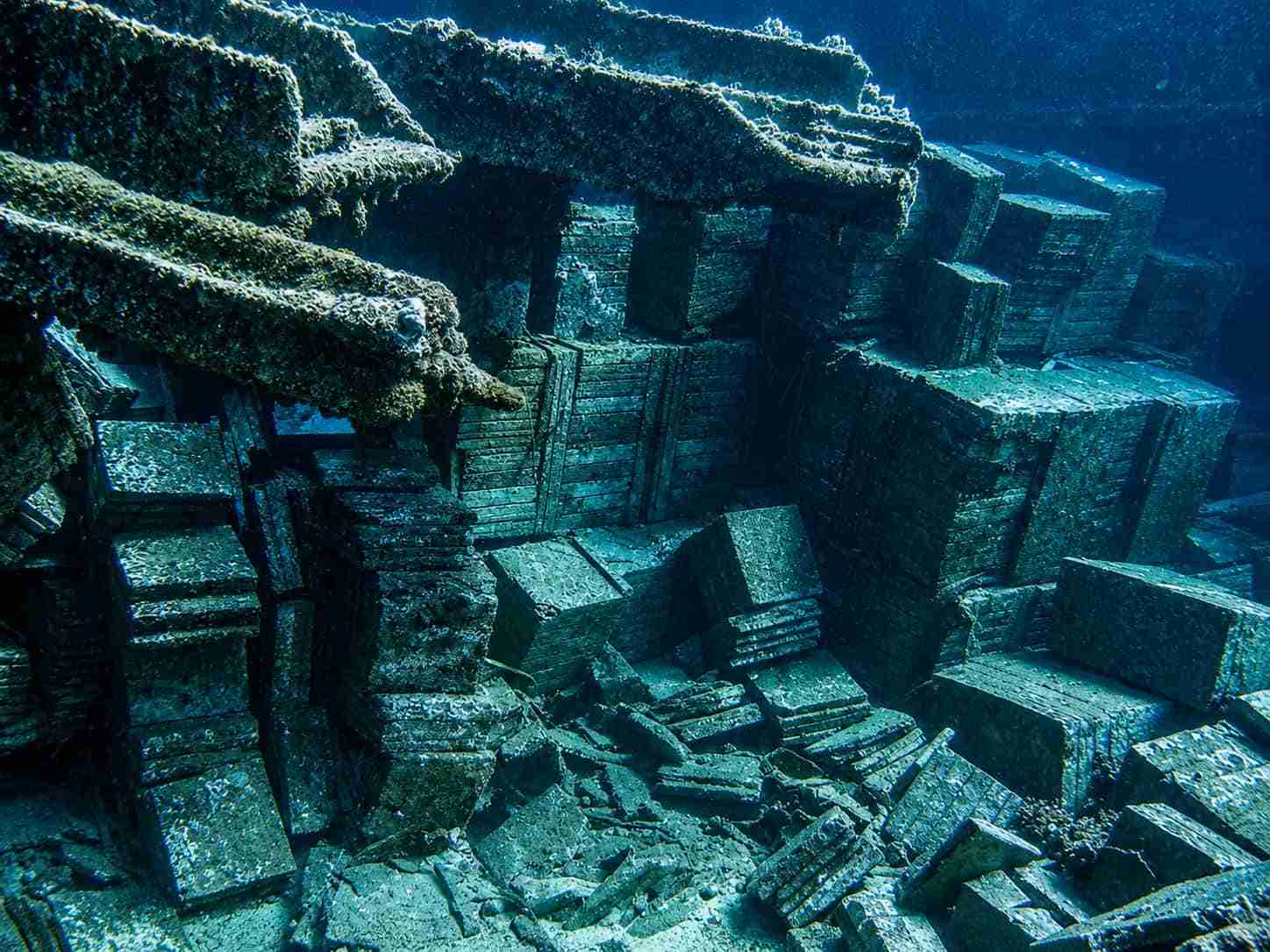 Stacked tiles inside a cargo hold of the Chrisoula K