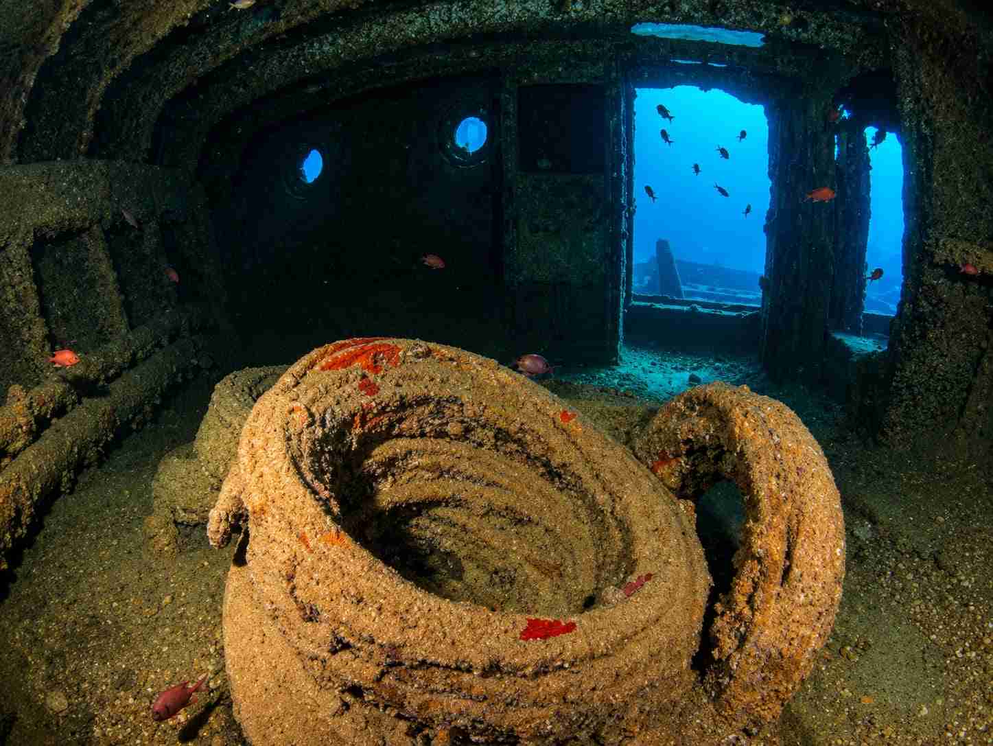 Spare parts still stowed inside a wreck's hold