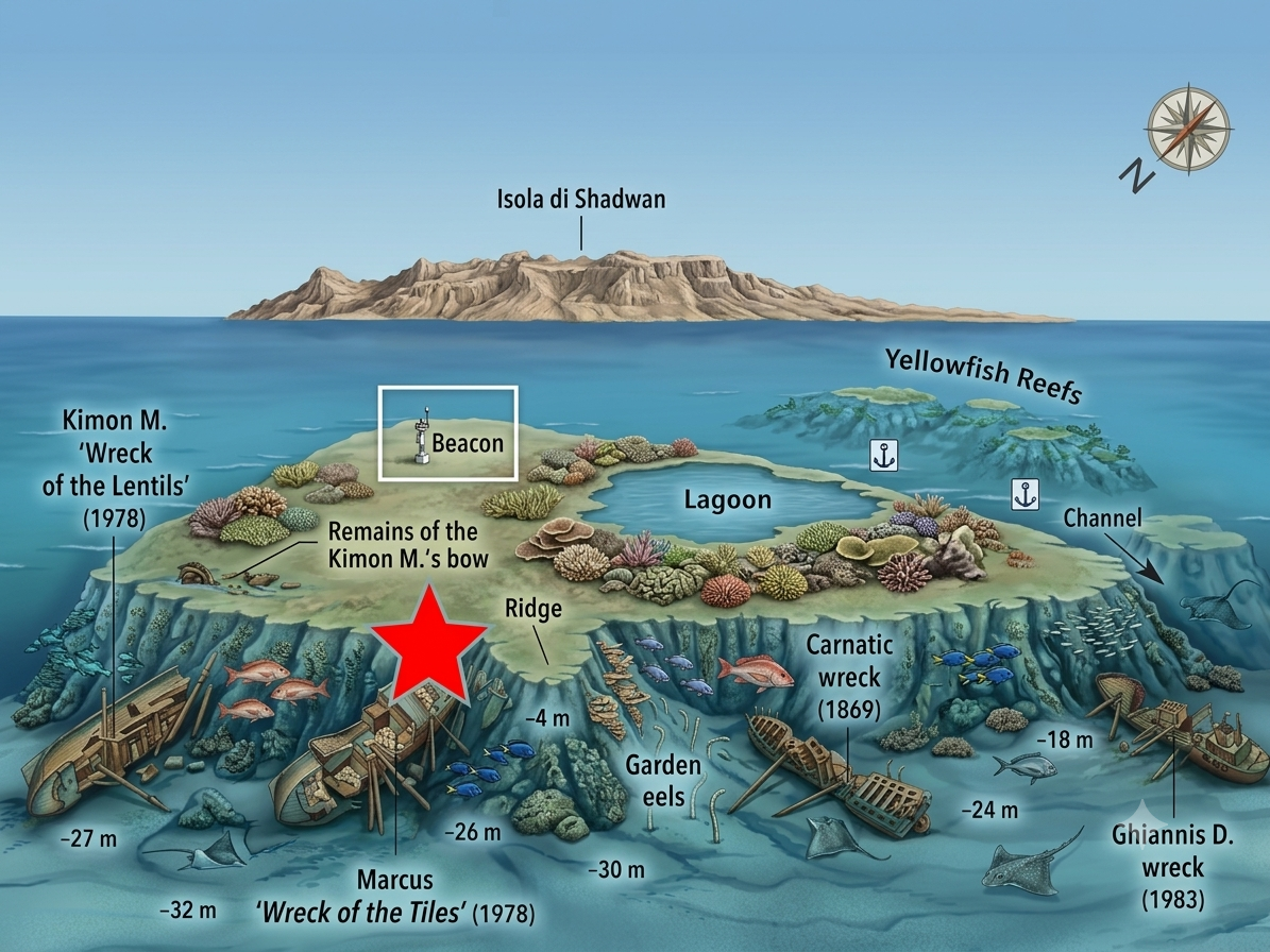 Abu Nuhas map: the reef and the position of its four wrecks