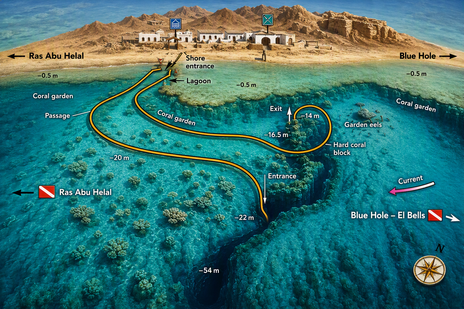 Map of the Canyon Dahab showing the lagoon, the passage, the fissure and the exit