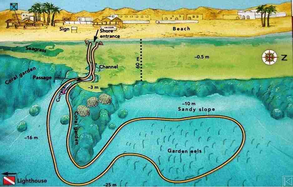 Dive site map of Eel Gardens, a classic Dahab shore diving entry