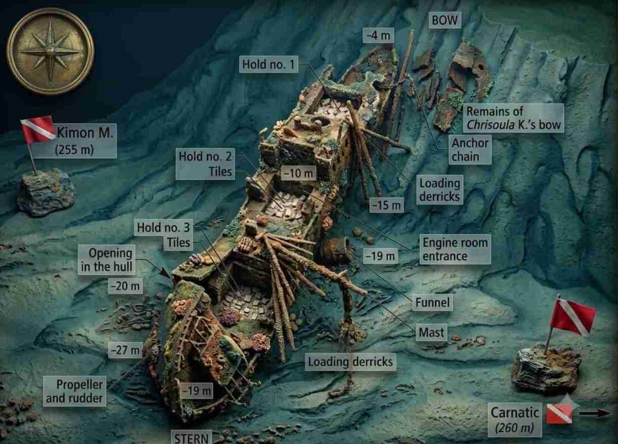 Wreck plan of the Chrisoula K showing holds and depths