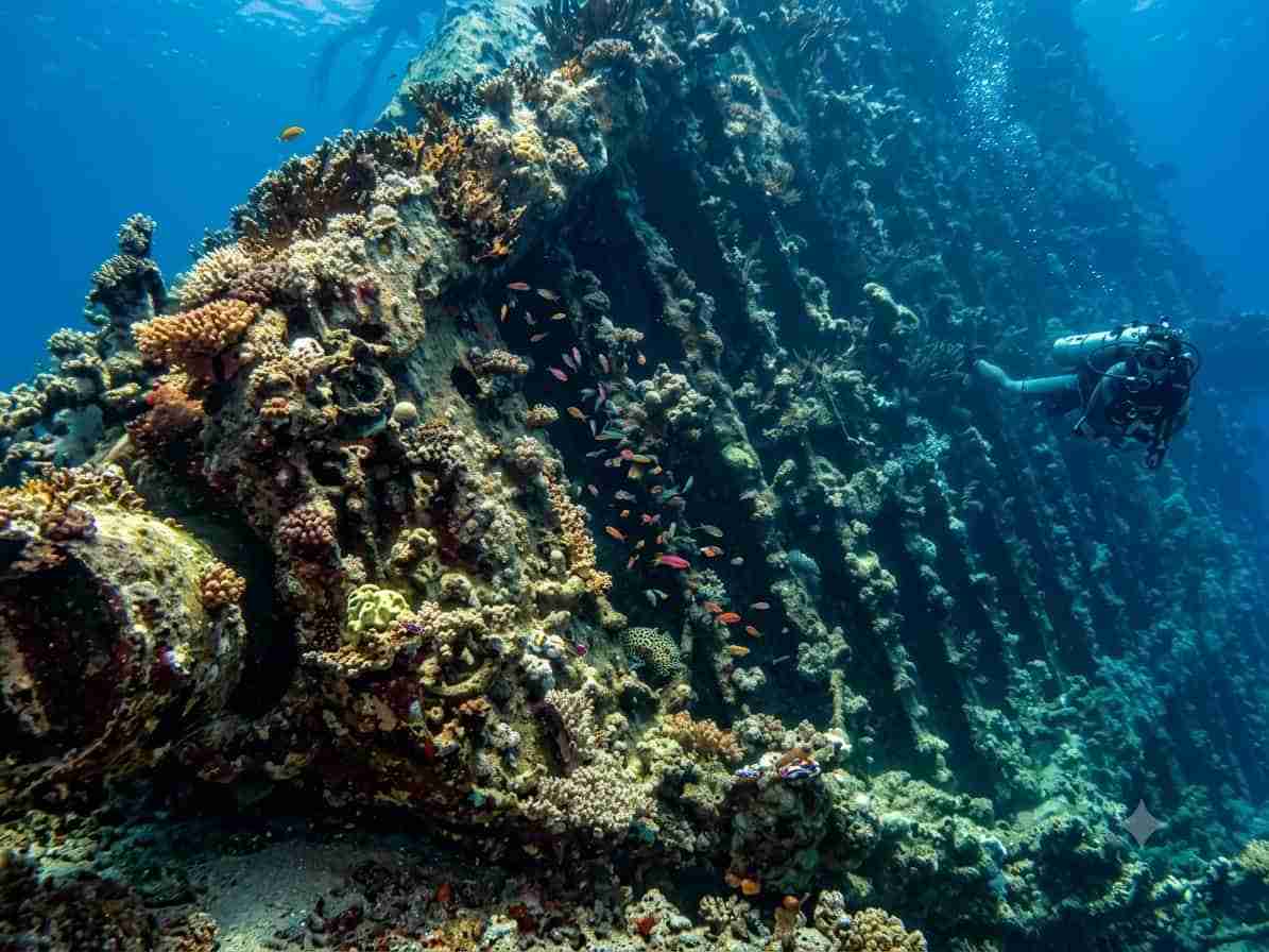 The bow of the Carnatic with a diver above it