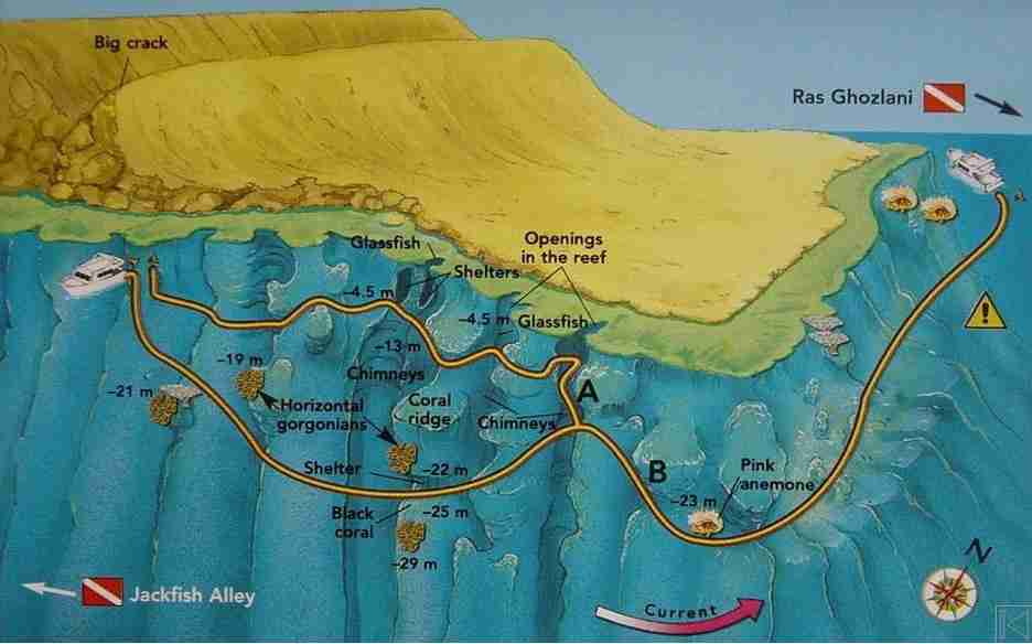 Ras Mohammed diving map: the wall and chimneys at Ras Za'atar