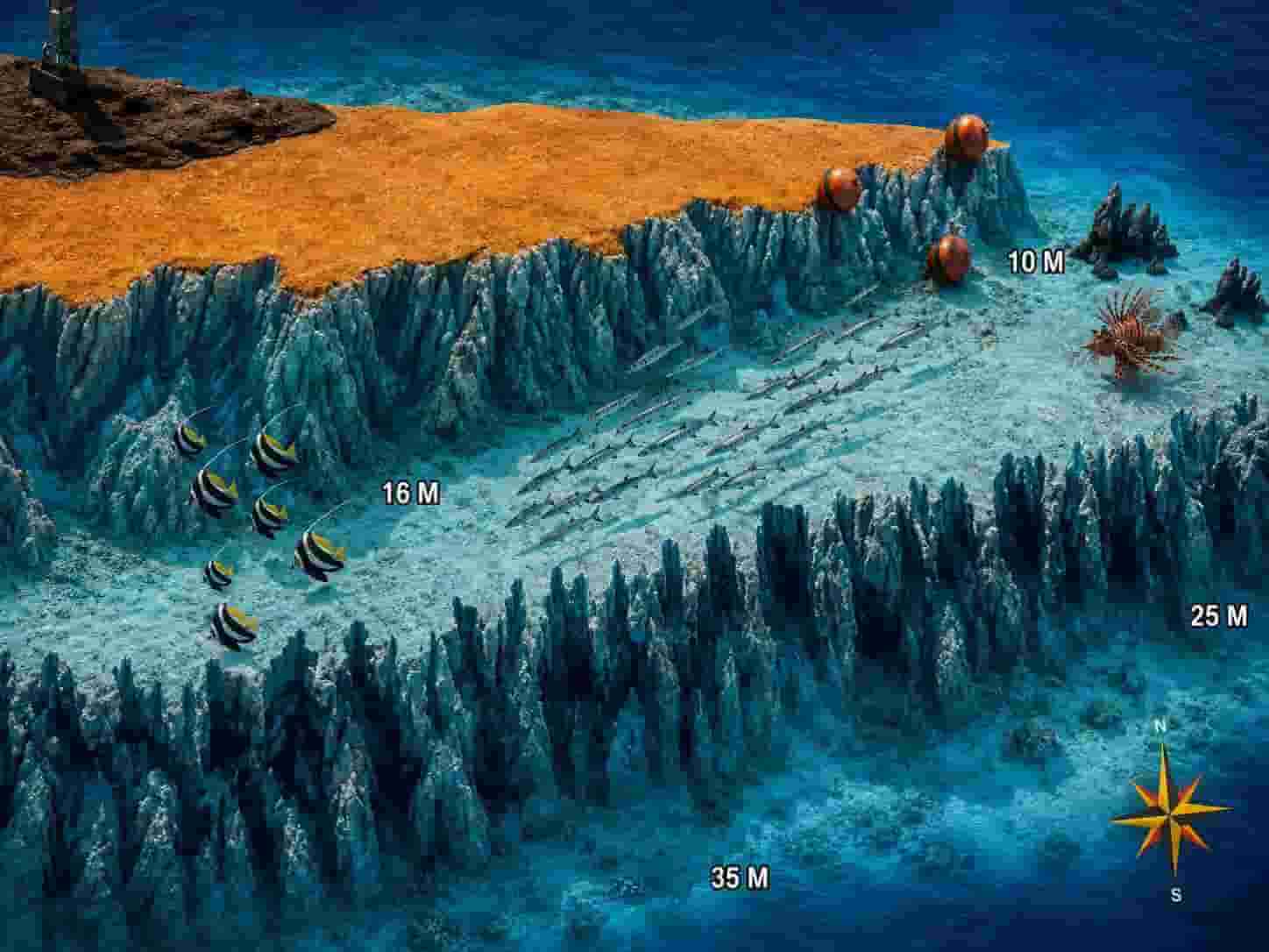 Hurghada dive sites map: Siyul Al Kabeir and its north wall