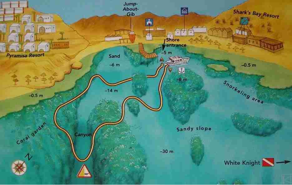 Sharks Bay map with the sandy canyon and the moorings