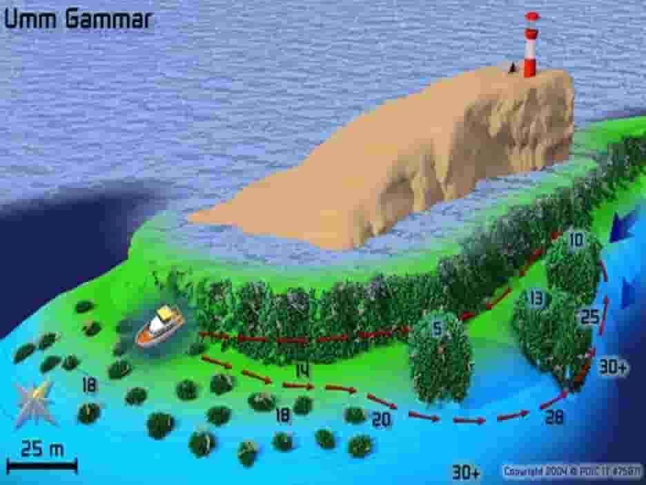 Hurghada dive sites map: Umm Gamaar and its deep east wall
