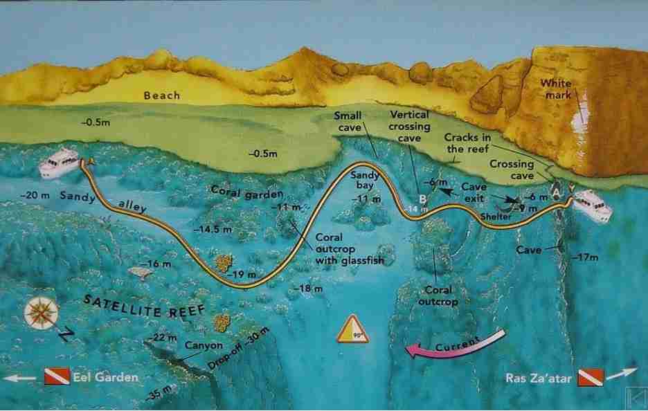 Ras Mohammed diving map: the caves and sandy corridor at Jackfish Alley