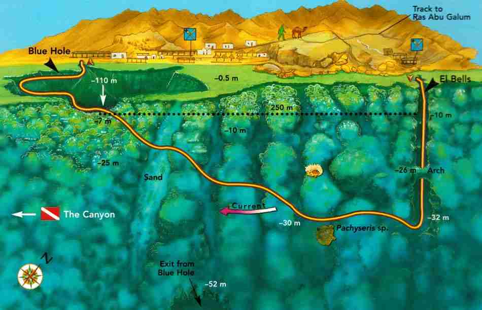 Map of Blue Hole Dahab showing the Bells, the saddle and the Arch