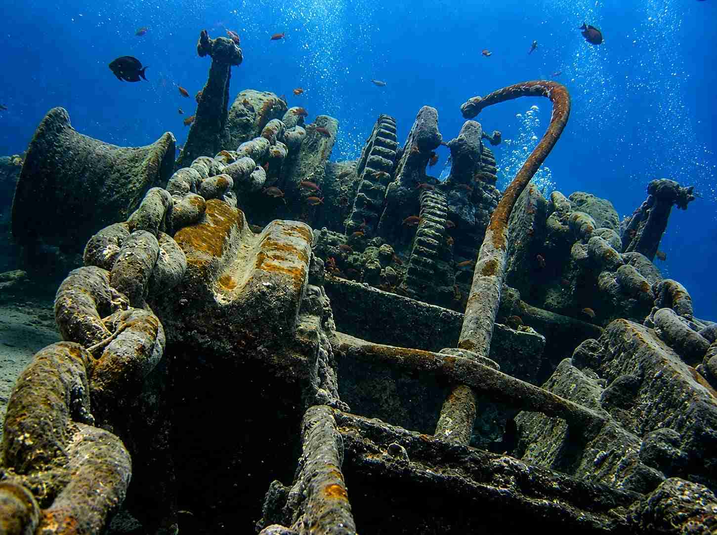 Anchor winch and chains on a wreck's forecastle