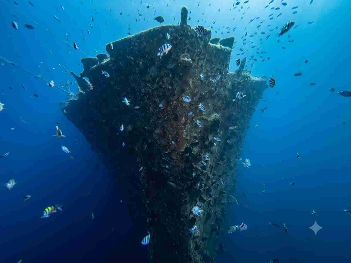 The bow of the Thistlegorm wreck rising from the seabed