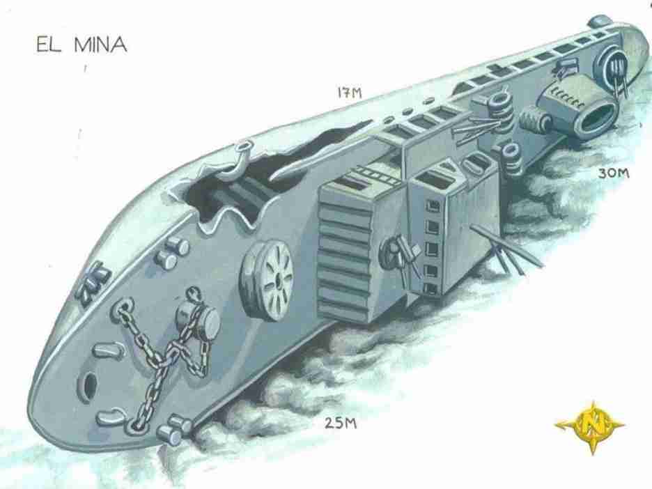 El Mina wreck plan showing the bow, deck and stern