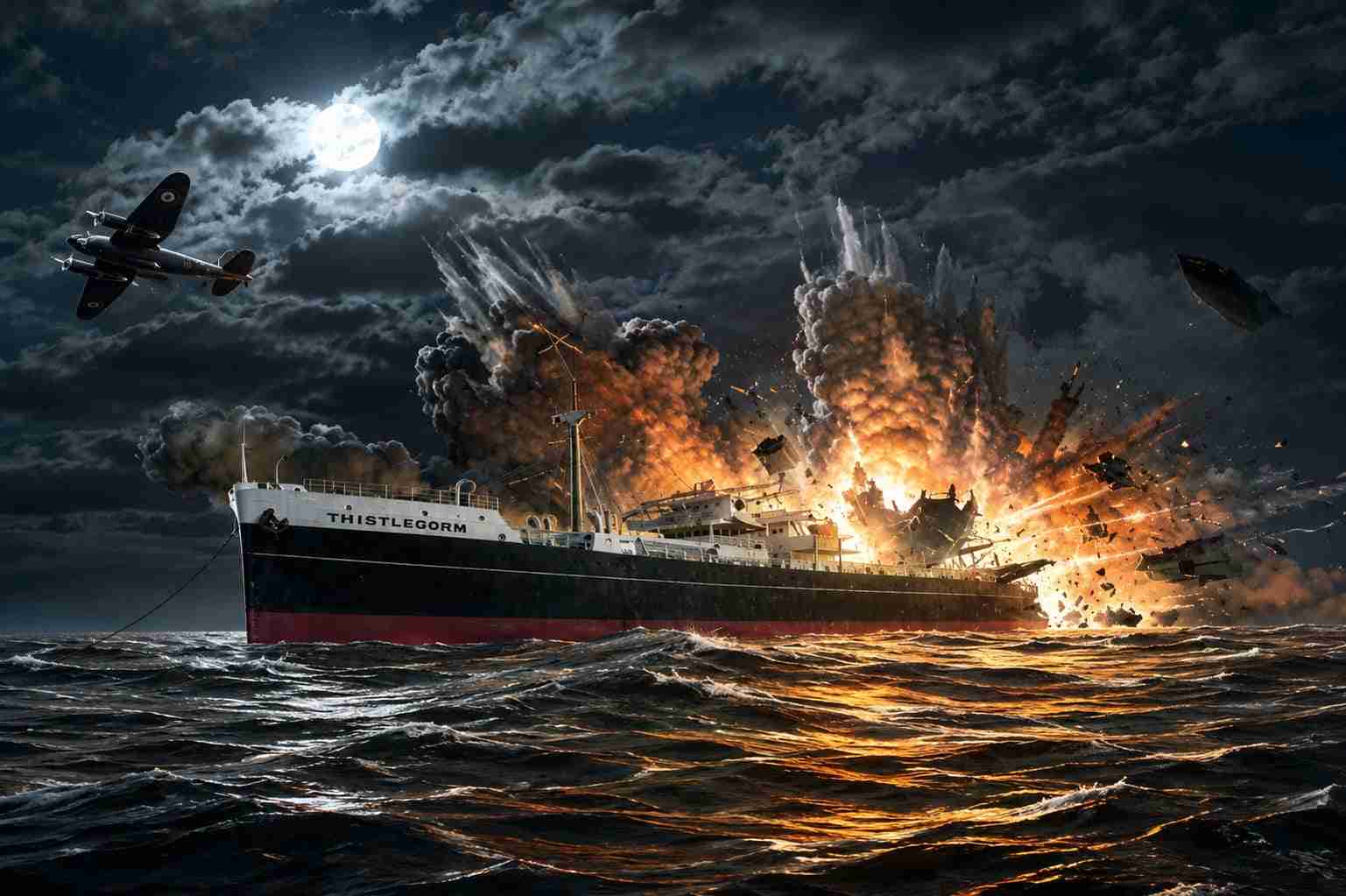 Painting of the Thistlegorm under German air attack in October 1941