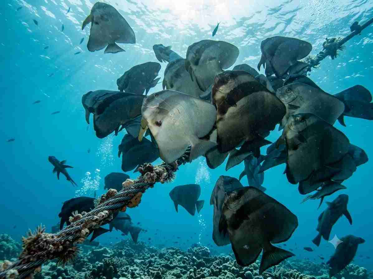 Batfish holding station in the current on the Thistlegorm