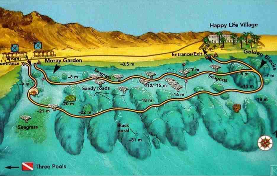 Dive site map of Golden Blocks and Moray Garden, a sheltered Dahab shore diving entry