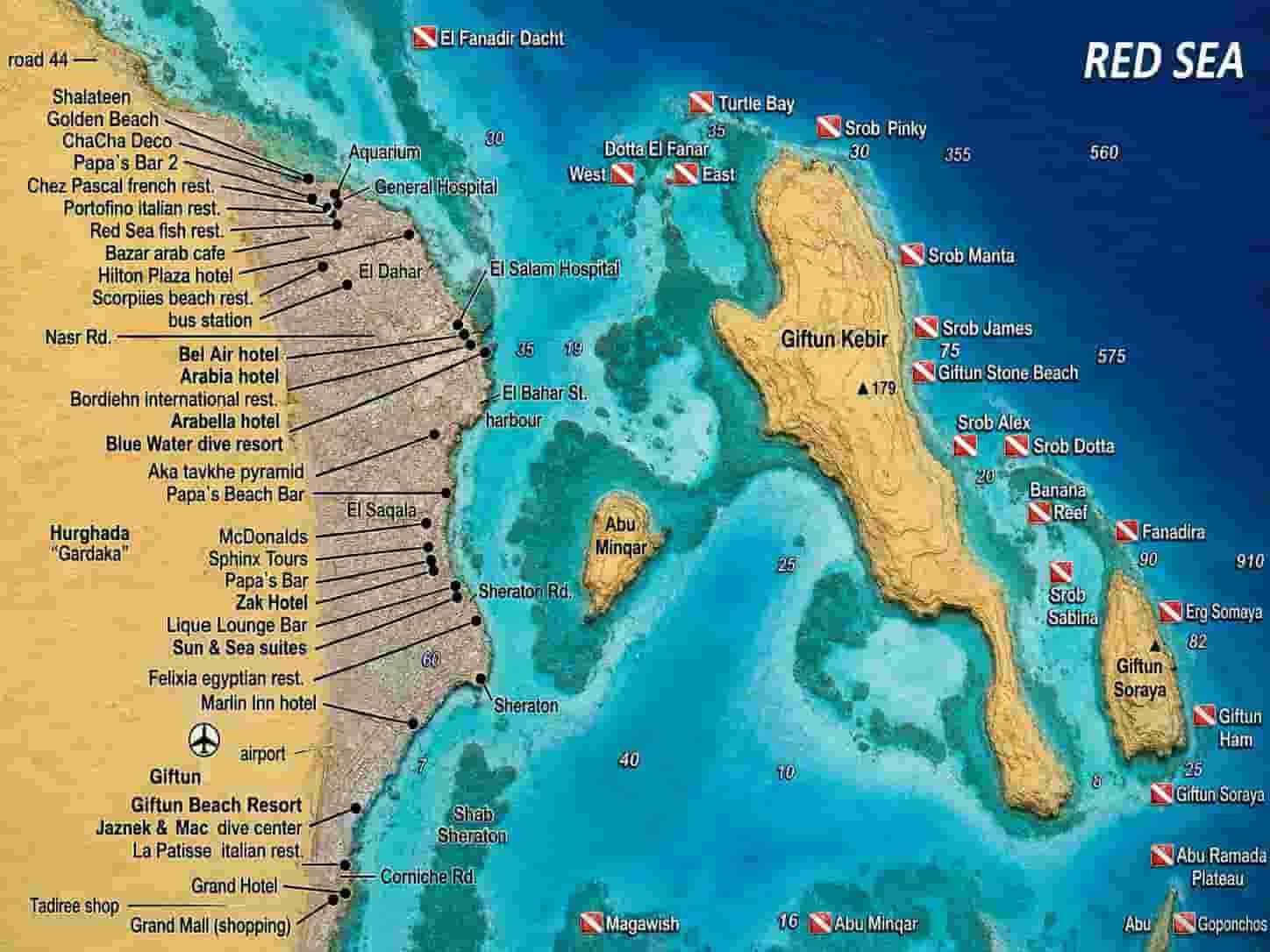 Hurghada dive sites map: the northern reefs from Fanous to Blind