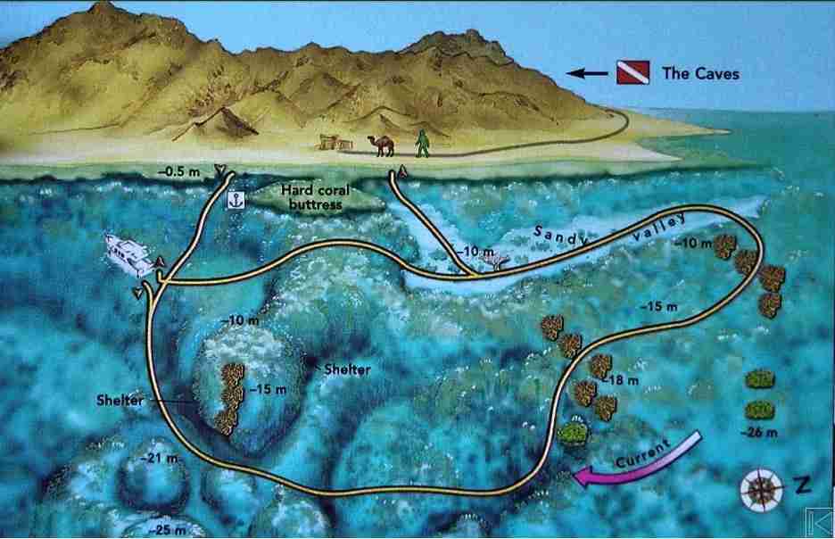 Map of Gabr el Bint showing the hard coral buttress, the shelters and the sandy valley