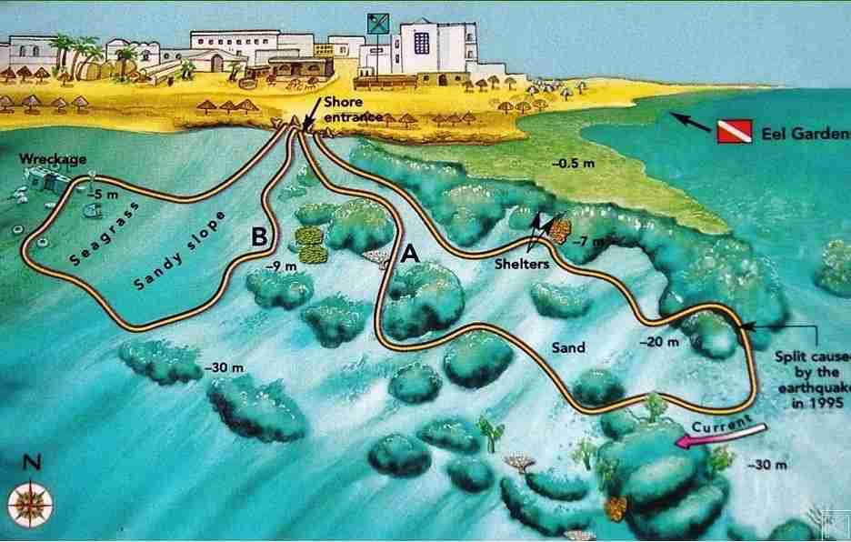 Dive site map of Lighthouse showing the two inlets and the Dump route