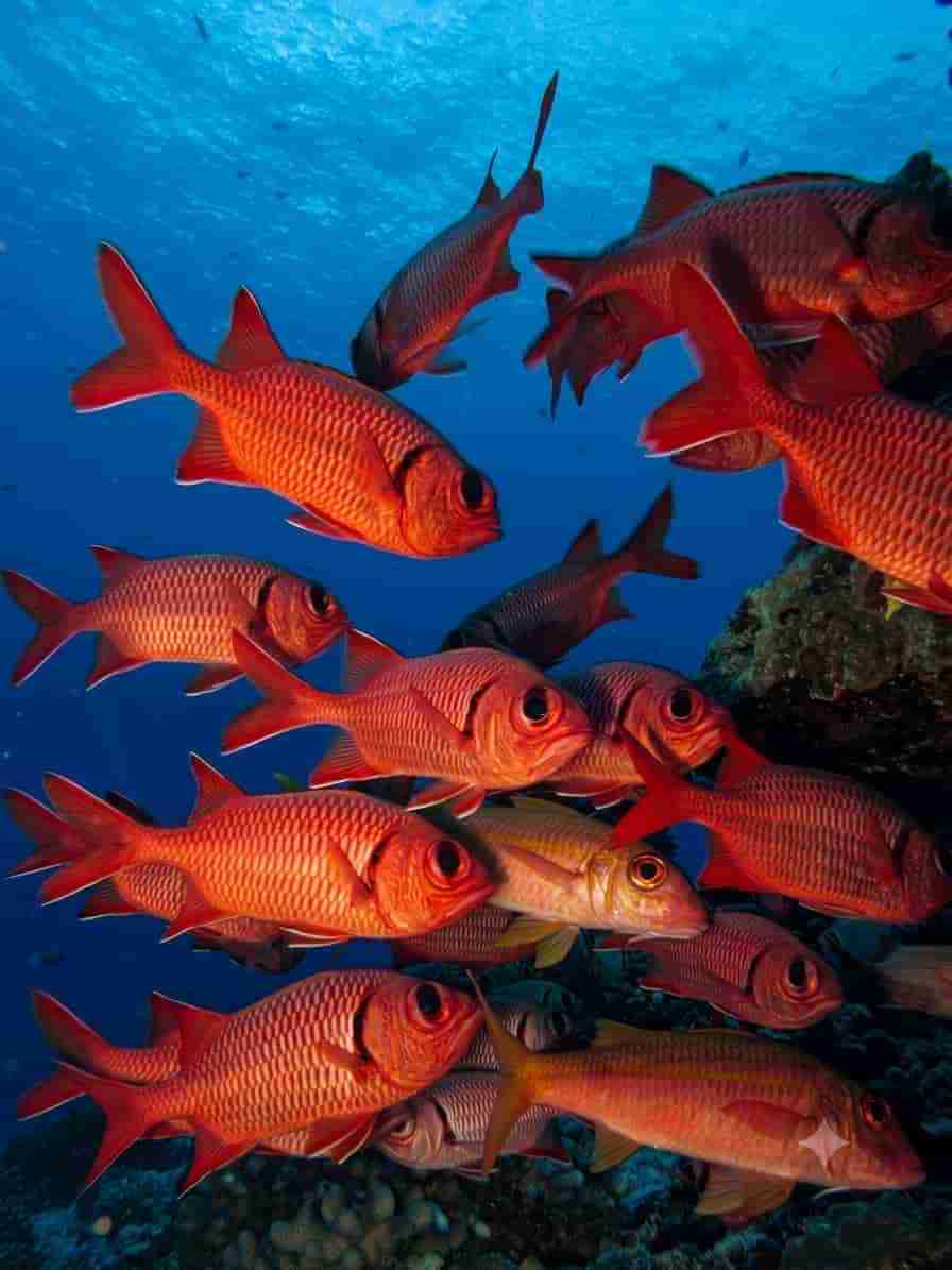 Soldierfish sheltering in the shadow of a sunken hull
